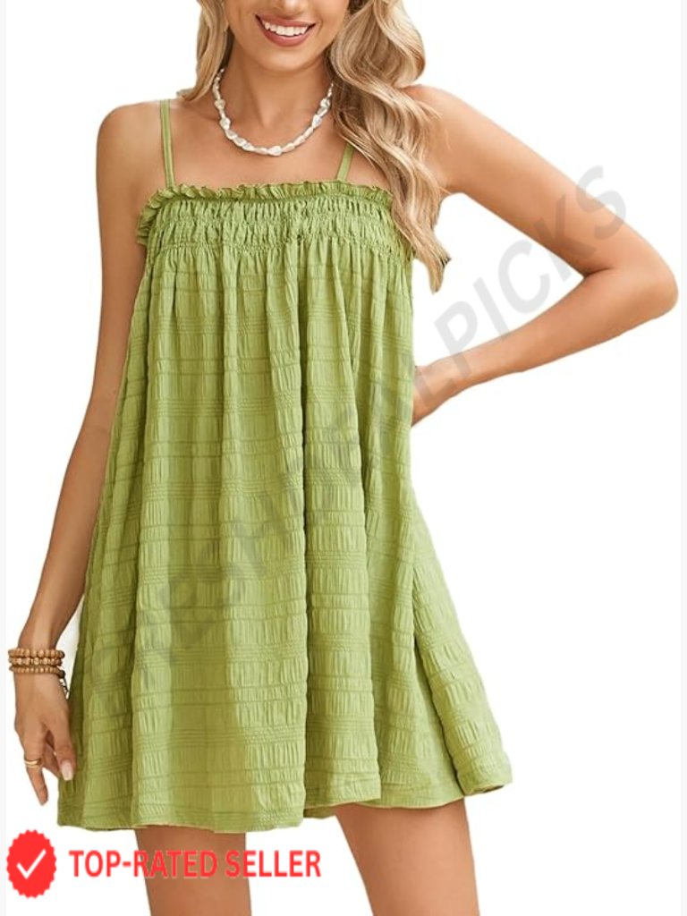 Flowy Cami Mini Dress Sleeveless Ruffle Swing Shirred Casual Summer Vacation